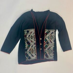 Vintage Style Embroidered Jacket Boho Tribal Cropped Black Red Trim Women Small